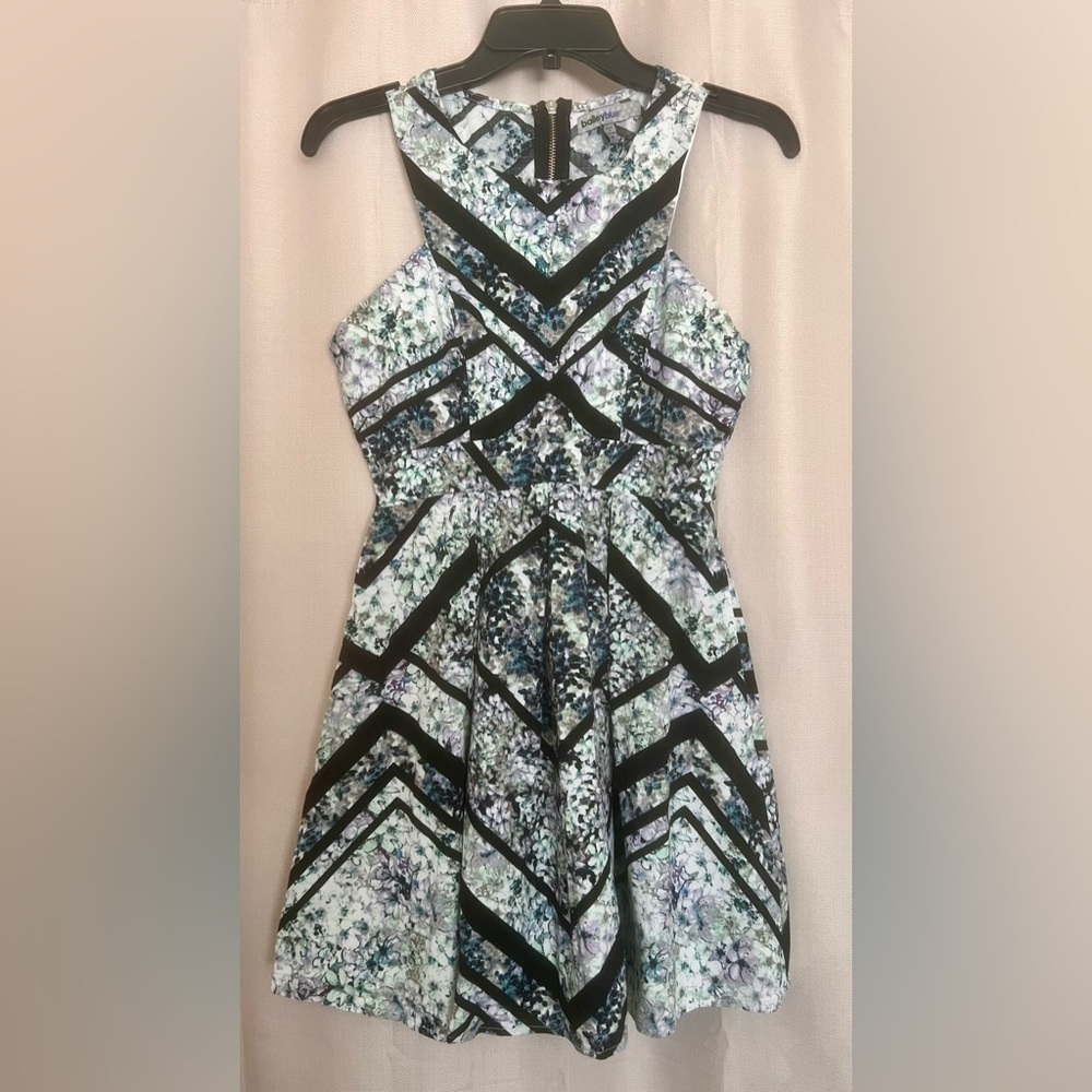 Bailey Blue Floral Fit & Flare Dress Chevron Detail Size M
